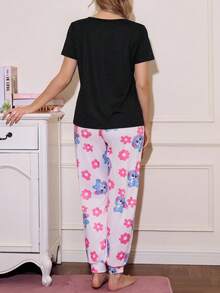 甜美碎花圆领撞色女士睡衣套装 - 彩色 - 查看 2