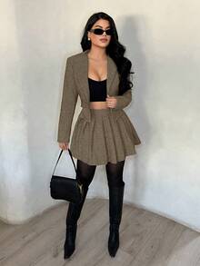 SHEIN SXY 女士时尚格子西装外套和百褶裙套装，通勤装 - 彩色 - 查看 6