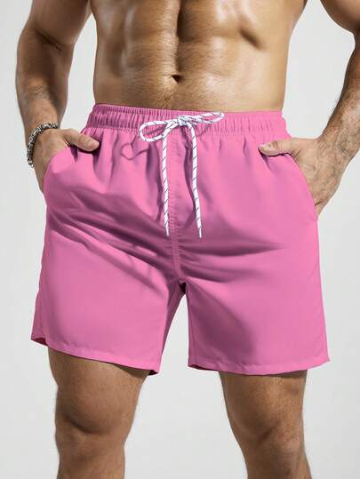 Manfinity Swimmode Men's Solid Color Drawstring Waist Slant Pocket Beach Shorts, Summer