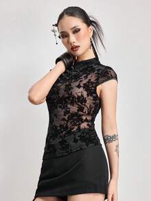 ROMWE Avant Spring/SummergraphicNew Chinese Style Mandarin Collar Mesh Flocked Mesh Asymmetric Slim Fit Women Top - Black - View 4