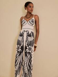 SHEIN Veneréa 女士夏季沙滩V领无袖吊带露背蝴蝶结波西米亚风印花连体裤，搭配阔腿裤 - 彩色 - 查看 3