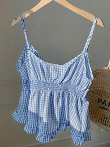 SHEIN EZwear 女士宽松休闲蓝色格子荷叶边吊带背心，春夏款 - 藍色 - 查看 2