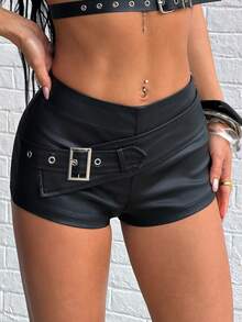 Jeanoix Y2K Women's Coated Keyhole Buckle Design Skinny Sexy Shorts - Black - View 3