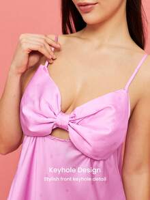 LUVLETTE Sexy Silky Satin Luxurious Bow Pink U-Neck Strappy Camisole Loungewear Slip Dress Airy Nightdress Lingerie Valentine's Day Gifts - Pink - View 4
