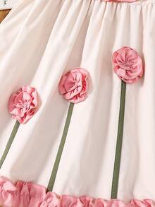 SHEIN LMoss Kids 少女撞色荷叶边碎花休闲连衣裙 - 黑與白 - 查看 6