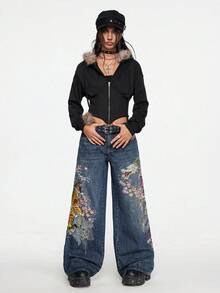 ROMWE Grunge Punk 男女皆宜的复古街头风中国虎纹花卉刺绣宽松阔腿牛仔裤 - 藍色 - 查看 5