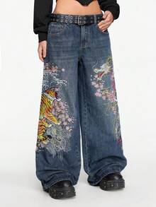 ROMWE Grunge Punk 男女皆宜的复古街头风中国虎纹花卉刺绣宽松阔腿牛仔裤 - 藍色 - 查看 6