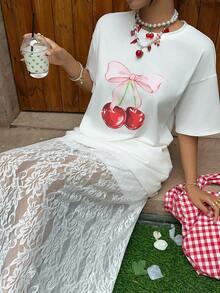 MainGRL SHEIN Spring/Summer Youthful And Energetic Casual Vacation Two-Piece Set: Cherry Blossom Print T-Shirt And White Lace Skirt, Perfect For Vacations, Leisure, And Everyday Wear. - White - View 6