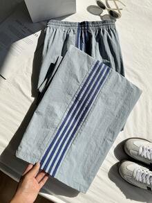 Comfortcana Woven Fabric Plus Size Blue Straight Leg Pants With Strips And Drawstring Waists - Blue - View 6