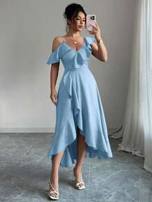 Elenzga Women's Elegant Ruffle Denim Effect Dress - Sky Blue - View 4