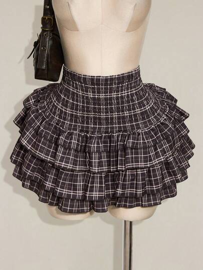SHEIN ICON Plus Size Women Waist Gathered Plaid Fashionable Cake Skirt