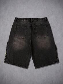 Manfinity Denimwave Men's Hip Hop Street Fashion American Print Frayed Hem Washed Black Denim Bermuda Shorts - Black - View 2