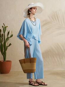 Airaco Set de 2 piezas con top texturizado con pliegues retorcidos y pantalones de pierna ancha - Azul - Ver 6