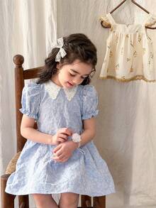 LMoss Kids Young Girl Woven Contrast Color Square Collar Puff Sleeve Casual Dress,Kids - Baby Blue - View 5