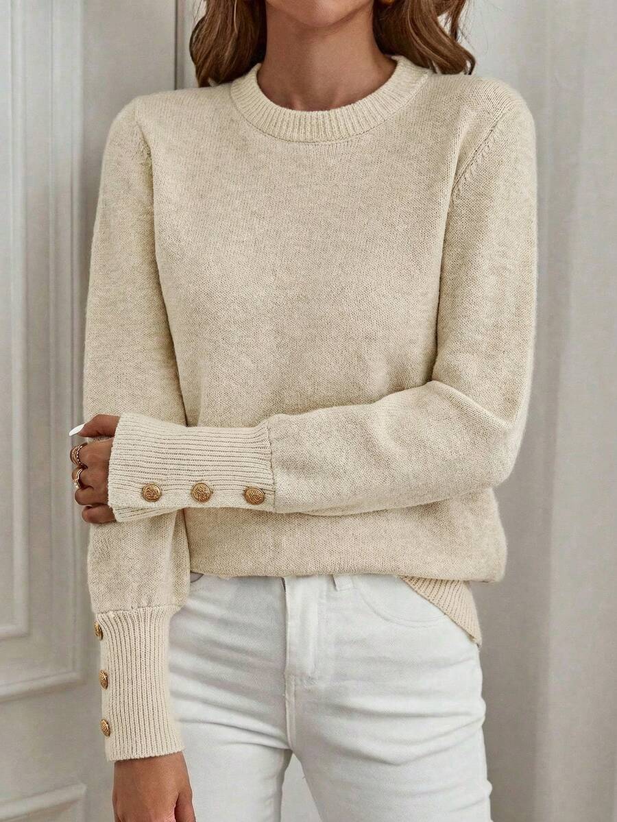 GlowEve 优雅休闲通勤杏色圆领长袖金属纽扣纯色不对称针织套头毛衣，女士，春夏款 - 杏色 - 查看 1