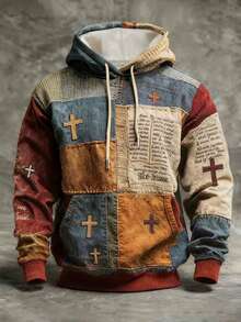 Glimmora 男士艺术复古拼接印花连帽衫，色彩鲜艳，穿着舒适，耶稣十字架信仰图案长袖卫衣，适合日常穿着