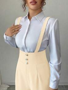 Elenzga 女士优雅浪漫直筒裤，配有吊带腰带和纽扣装饰 - 杏色 - 查看 4