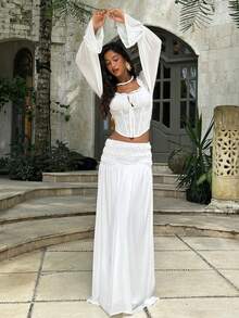 Opulessa 春夏优雅休闲外出海滩婚礼浪漫度假女士优雅纯白色半身裙，适合派对、春夏度假、派对、婚礼、毕业典礼、庆典、伴娘等场合 - 白色 - 查看 7