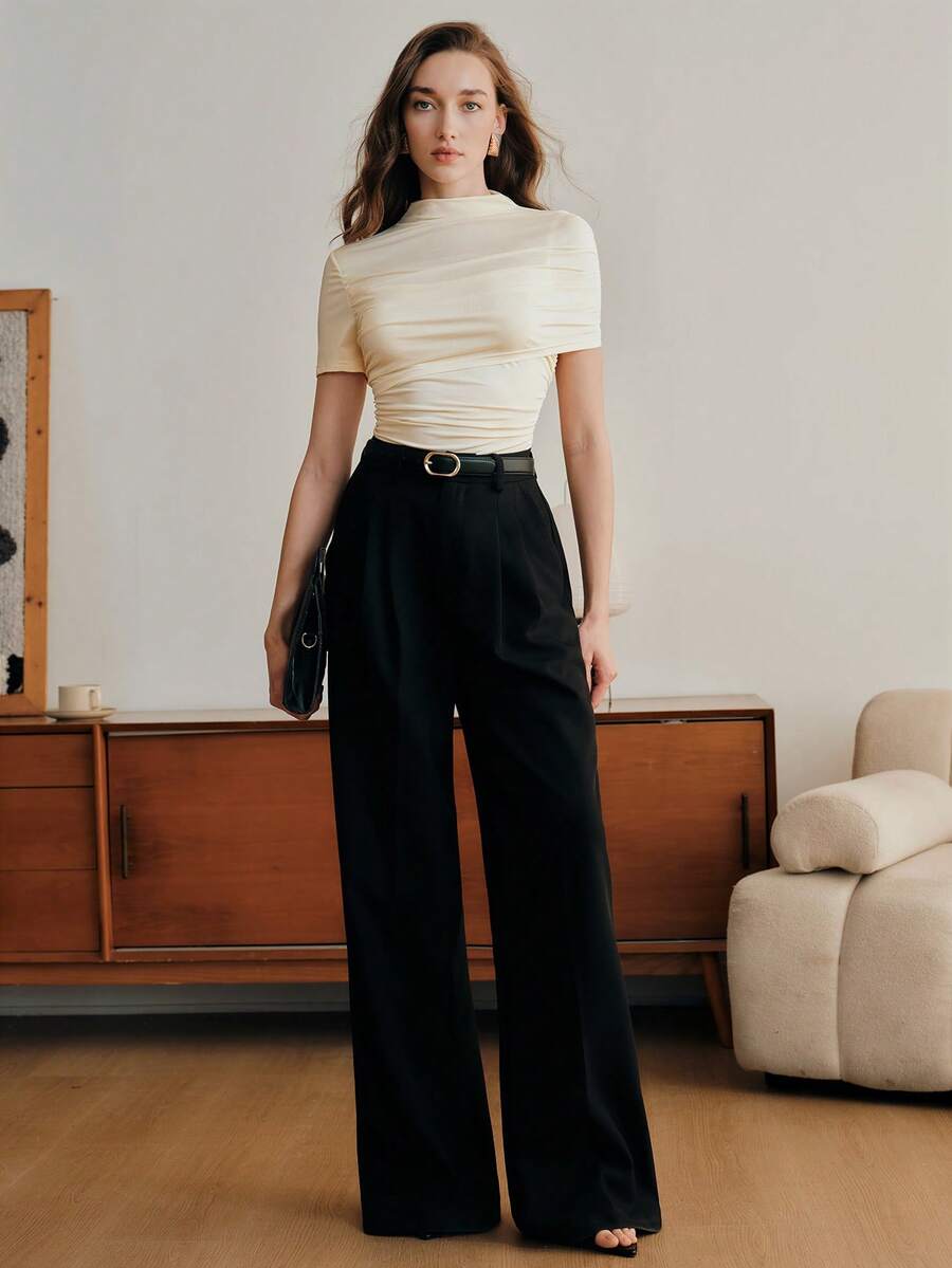 Anewsta Camiseta de mujer con diseño asimétrico y cintura ajustada de unicolor - Amarillo - Ver 1