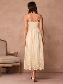 Enchnt Women's Elegant Floral Print & Embroidery Slip Dress, Summer - Apricot - View 7