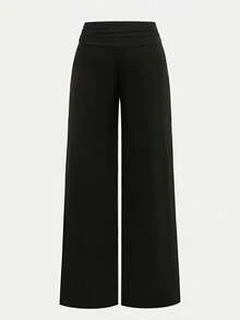 SHEIN 少女黑色针织宽腰褶皱低腰宽松喇叭裤，舒适休闲简约百搭长裤 - 黑色 - 查看 2