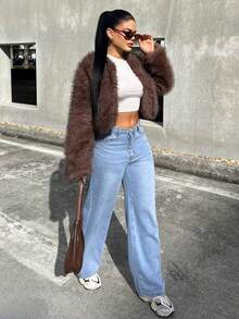 Dayanna Comas 秋冬女士前开蓬松大衣 - 鏽棕色 - 查看 5