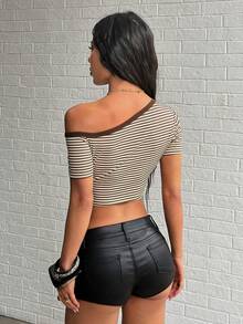 Jeanoix Women's Striped Button Design Oblique Shoulder Short Sleeve Cropped Fashionable T-Shirt - Multicolor - View 2