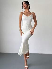 Firerie 女士优雅简约精致浪漫迷人时尚情人节约会日常假日婚礼蕾丝荷叶边吊带修身长款白色连衣裙 - 白色 - 查看 9