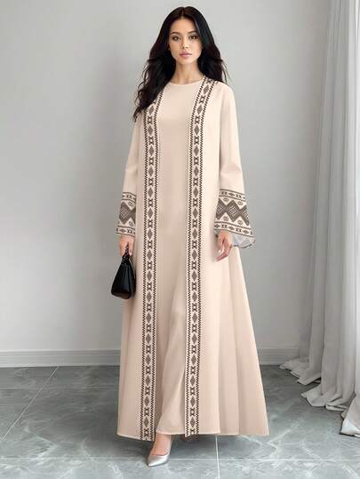 SHEIN Najma Dam Geometriskt Mönster Mode Långärmad Casual Arabisk Abaya Kofta Maxijacka, Vår/Höst