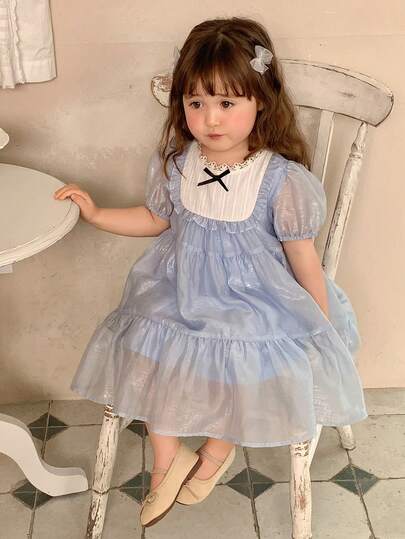 DAZY 女婴撞色拼接韩版短袖蝴蝶结装饰春夏连衣裙幼儿女童服装