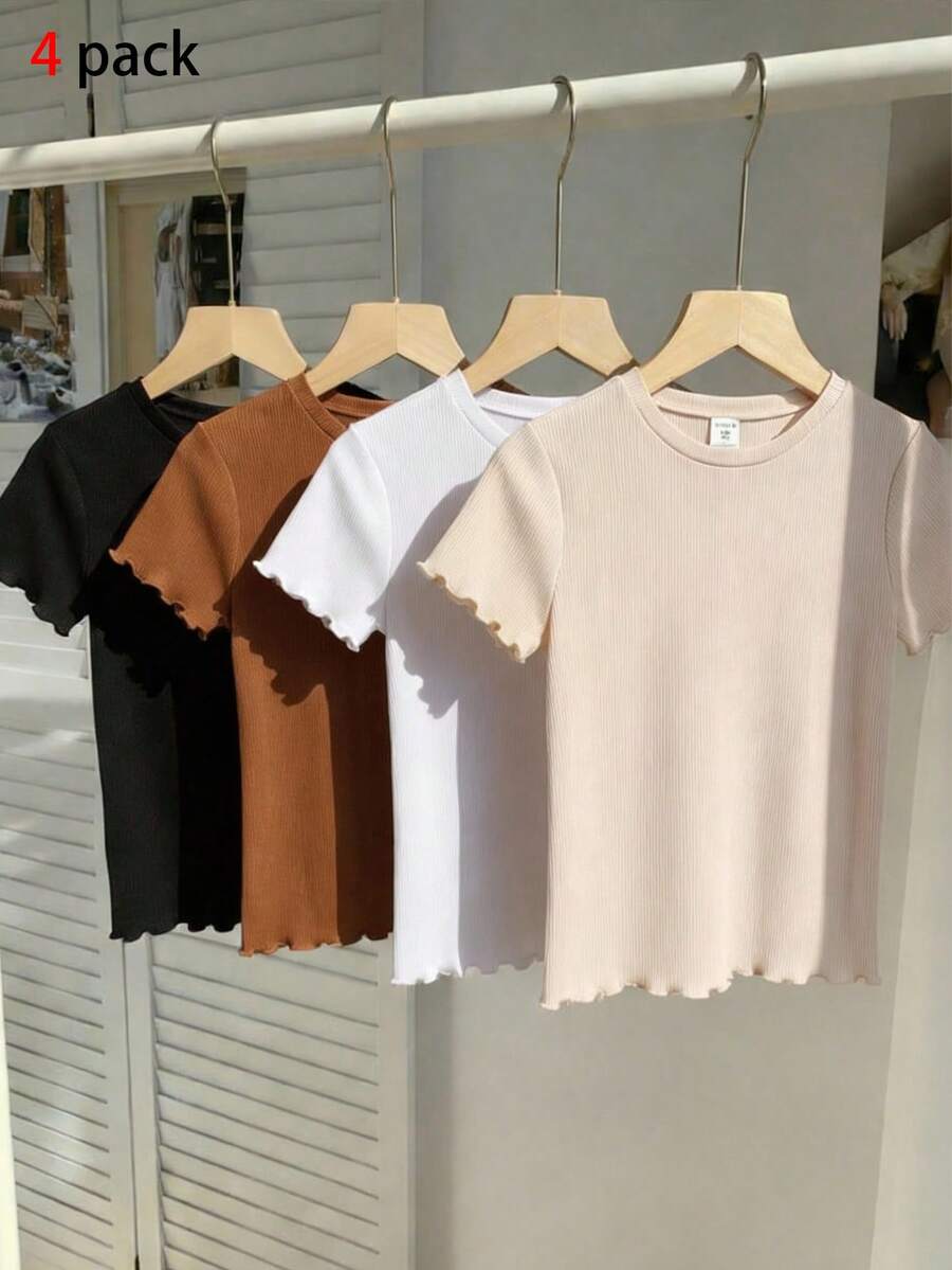 SHEIN 4pcs/Set Tween Girls' Solid Color Round Neck Short Sleeve Ruffle Hem Casual T-Shirts Girls Basic Tops Basic Casual T Shirt For Teen Girls