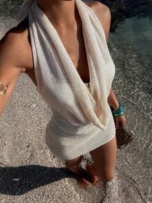 Opulessa 女士深V领性感垂褶领时尚金属丝针织连衣裙