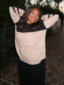Tyla Gomez Color Block Drop Shoulder Sweater,Long Sleeve Tops Knit Pullover Fall Winter Outfit - Mocha Brown - View 1