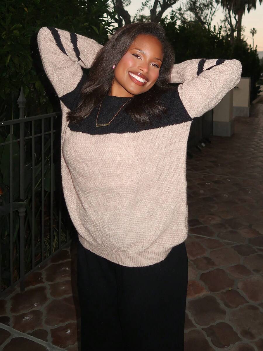 Tyla Gomez Color Block Drop Shoulder Sweater,Long Sleeve Tops Knit Pullover Fall Winter Outfit - Mocha Brown - View 1