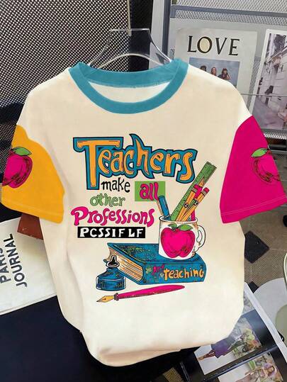 INAWLY Camiseta de verano informal con bloque de color y estampado de eslogan