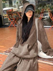 DAZY 2件套 女式连帽休闲韩版卫衣和宽松运动裤 - 咖啡棕 - 查看 4