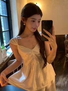 DAZY 女士系带荷叶边休闲衬衫和宽松长裤两件套，清新韩风，适合春夏穿着 - 黃色 - 查看 7