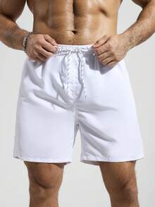 Manfinity Swimmode 男士纯色抽绳休闲沙滩短裤 - 白色 - 查看 6