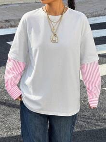 Muchica Women's New 2 In 1 Round Neck Loose Long Sleeve T-Shirt, Spring/Summer - Pink - View 4