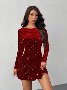 SHEIN PETITE 女款秋季優雅天鵝絨銀箔紅色長袖派對洋裝，紅色波點夜店風聖誕閃亮亮片洋裝，適合小個女款 - 紅色 - 查看 7