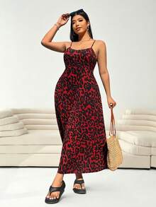 SHEIN EZwear Plus Size Leopard Print Adjustable Waist Dress With Spaghetti Straps, Backless Design And Hidden Zipper, Suitable For Spring/Summer, Summer Dresses - Red - View 4
