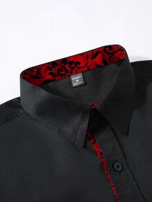 Manfinity Bizformal 男士奢華黑紅拼接襯衫，時尚休閒正裝襯衫，適合秋季派對，防皺長袖鈕扣商務設計師上衣，儀式穿搭 - 黑色 - 查看 4