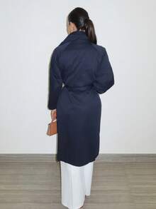 MDEdit Áo khoác dạ nữ tay dài màu trơn rộng rãi có thắt lưng, túi cài nút, áo khoác nữ, quần áo mùa thu cho nữ - Màu xanh hải quân - Xem 2