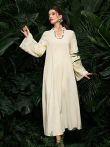 Al Najma Women's Apricot Woven Long Sleeve Sequin Embroidered V-Neck Sequin Ribbon Elegant Arabic Dress, Spring/Summer - Apricot - View 6