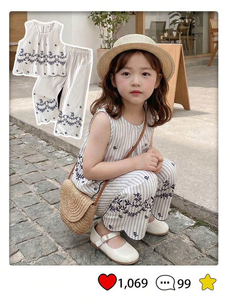 SHEIN 2pcs Vintage Floral Striped Round Neck Ruffle Hem Top And Matching Pants Set, Suitable For Daily Wear And Photography, Spring/Summer