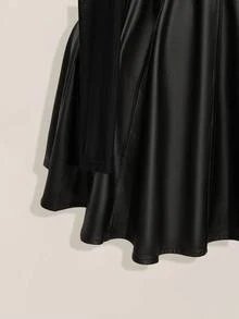 SHEIN CURVE+ Plus Size Women's Fashionable Round Neck Shoulder Black Long Sleeved Fishbone Pressed Line Hollow Waist A Swing PU Dress, Y2k Sexy Front Hollowed Out Mesh Splicing Long Sleeved Dress, Autumn Dress - Black - View 8