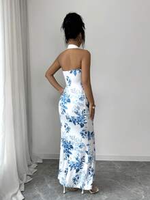 Elenzga Women's Floral Print Halter Neck Ruffle Dress, Summer - Blue and White - View 2