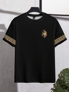 Manfinity Homme 男士经典时尚休闲黑色圆领印花T恤，男士圆领短袖T恤，饰有皇冠狮子印花 - 彩色 - 查看 3