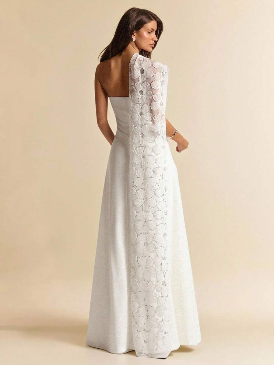 SHEIN BAE 白色提花披肩领连衣裙，优雅无肩带长裙，适合外出、派对、约会、情人节、下午茶、早午餐、正式场合。 - 白色 - 查看 1