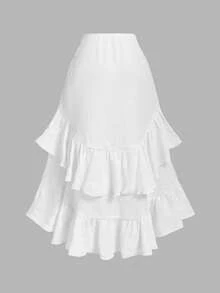 SHEIN MOD 纹理面料层叠荷叶边抽绳不对称高低裙——完美适用于度假、约会、野餐、派对、舞会、节日和生日；浪漫复古宫廷风格